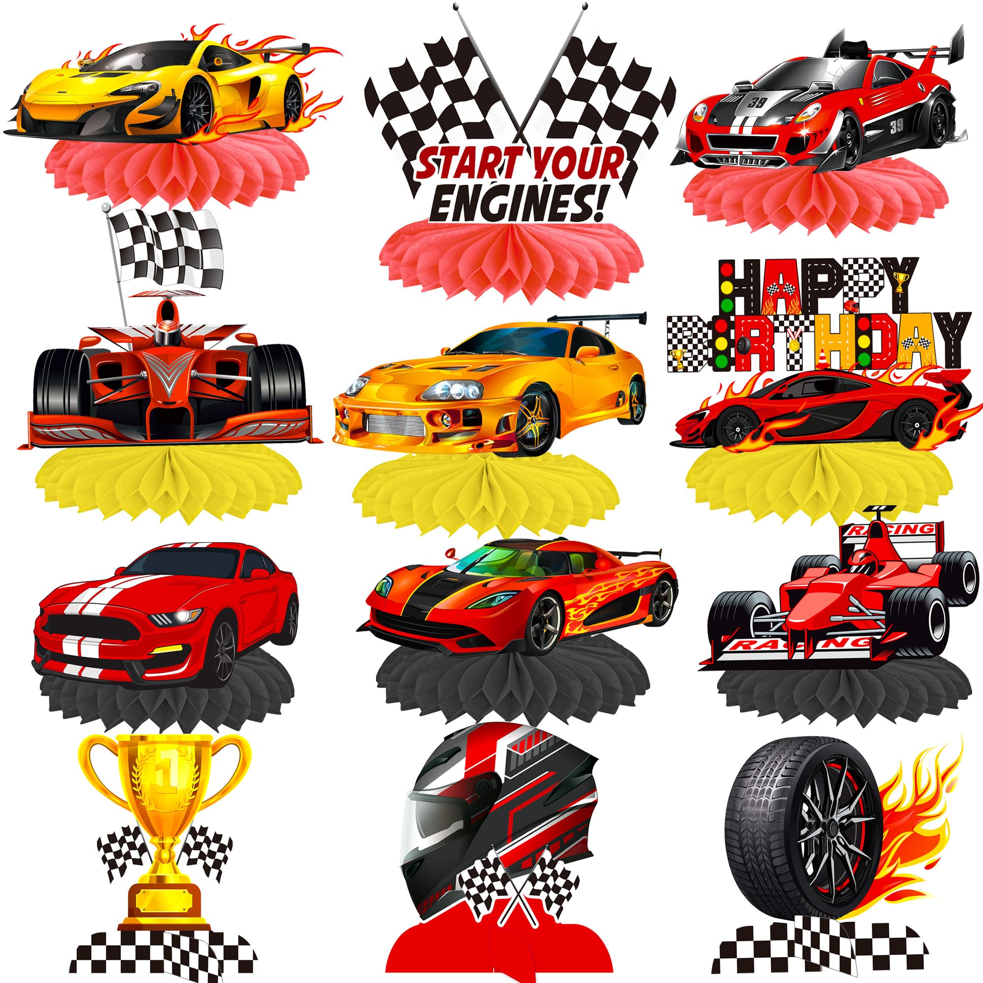 Photo 1 of 12Pcs Race Car Birthday Centerpieces for Children Car Racing Decorations for Race Car Birthday Supplies Race Car Party Supplies
