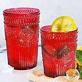 Loivttvv 12pcs Vintage Drinking Glasses Set, 12 oz Highball Glasses & 9 oz Embossed Ribbed Glassware Cups for Cocktail, Water, Juice, Coffee, Whiskey (Christmas Red)