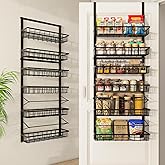 Mefirt Over The Door Pantry Organizer, Pantry Storage and Organization, 6-Tier Adjustable Hanging Baskets, Metal Wall Mount Spice Rack Seasoning Shelves for Home & Kitchen, Laundry Bathroom - Black