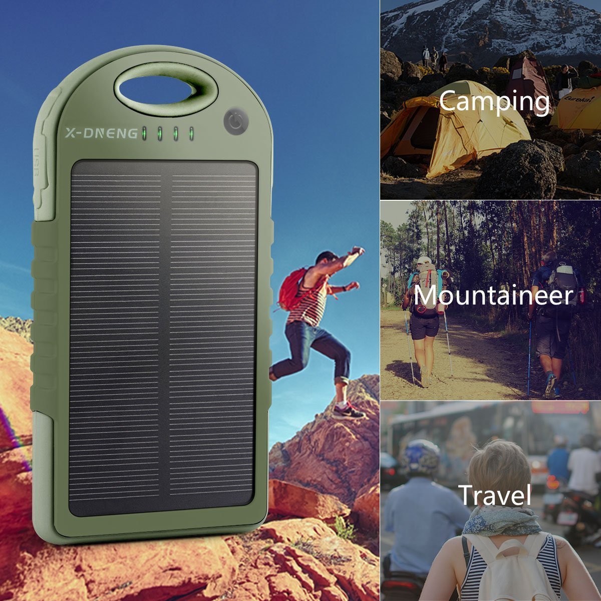 Externe Akku Powerbank 12000 mAh Solar Ladegerät Handy X-DNENG 2 Ausgänge USB Wasserdicht Solar Panel Outdoor Power Bank mit LED-Lampen für iPhone iPad Tablet Samsung Android Smartphones Mp3 usw- Grün