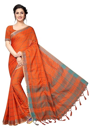 Winza Designer Womens Art Silk Saree With Blouse (LINEN CHOKDA ORANGE_Orange)
