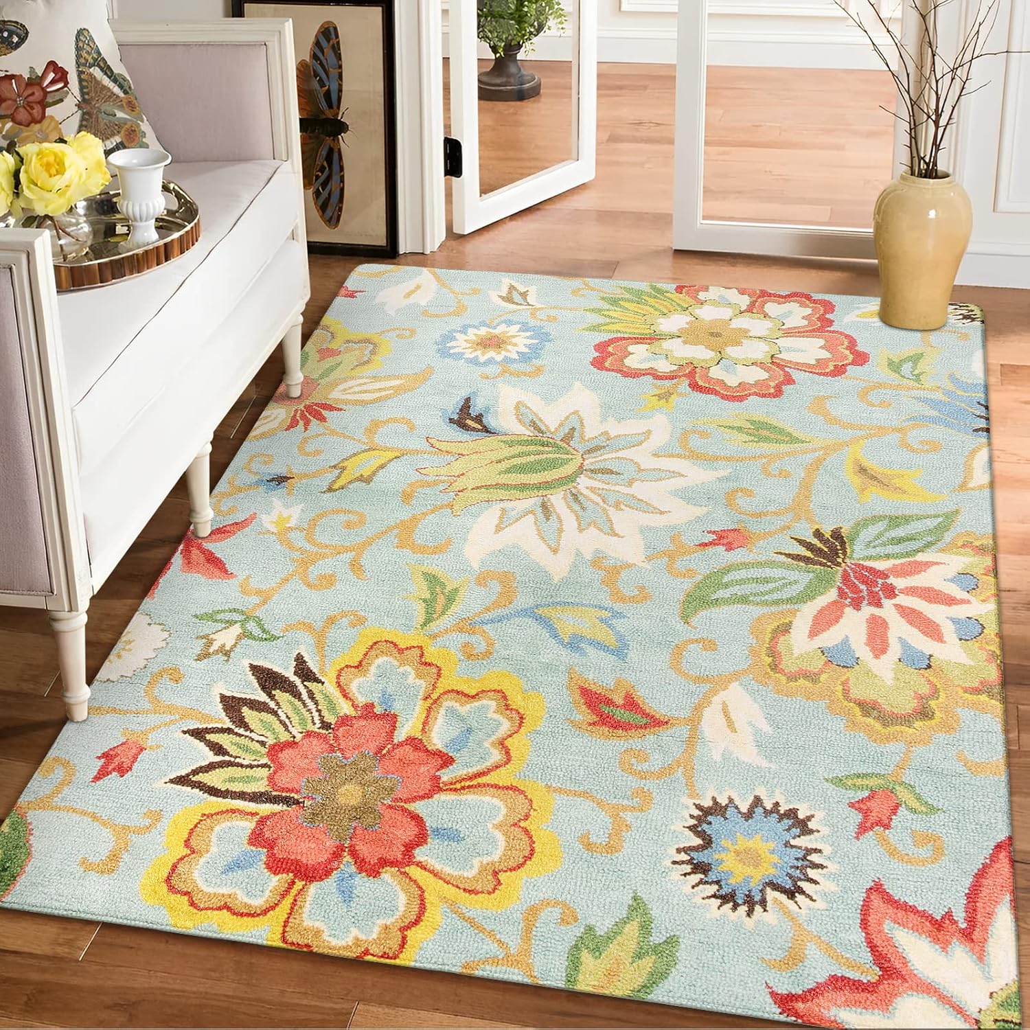 Rugs, Pads & Protectors - Lahome Machine Washable Floral Living Room Rug - 5x7 Area Rugs for Bedroom Non-Slip Large Low-Plie Kitchen Rug Soft Throw Nursery Kids Room Rug Distressed Indoor Carpet for Dining Room Entryway Office