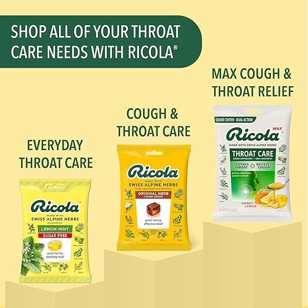 RICOLA SUGAR FREE SWISS HERB COUGH DROPS, 45 COUNT, COUGH SUPPRESSANT & THROAT RELIEVING DROPS WITH NATURALLY SOURCED MENTHOL, PLEASING TASTE FOR COUGHS & THROAT IRRITATION SYMPTOM RELIEF
