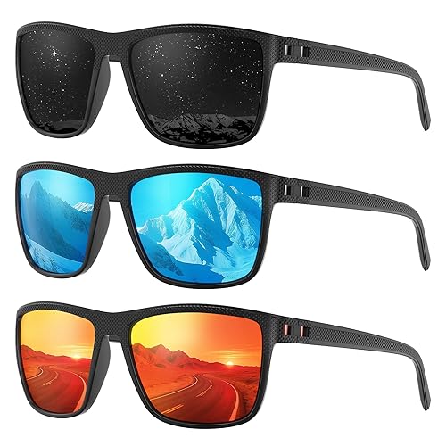 Fanshen Polarized Sunglasses for Men Women, UV Protection Lightweight Mens Sun Glasses for Driving Fishing Golf Cycling (Black&Ice Blue&Red)