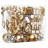 SHareconn 135pcs Christmas Balls Ornaments Set, Shatterproof Plastic Baubles, Ribbon and Tree Topper for Xmas Tree Holiday Wedding Party Decorations with Hanging Strings, Gold and White