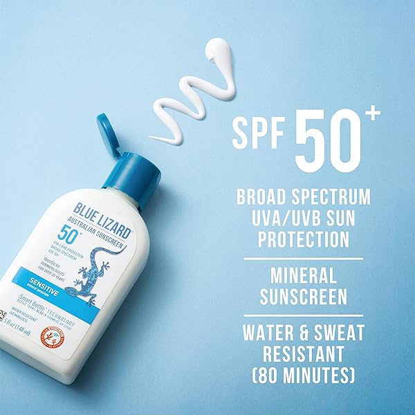 BLUE LIZARD SENSITIVE MINERAL SUNSCREEN WITH ZINC OXIDE, SPF 50+, WATER RESISTANT, UVA/UVB PROTECTION WITH SMART BOTTLE TECHNOLOGY – FRAGRANCE FREE, 5 OZ