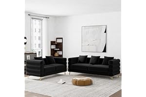 Wrofly Living Room Sofa and Loveseat Set, Modern Comfy Overstuffed Velvet Deep Seat Cloud Couch with 5 Pillows, Oversized Chesterfield Furniture Sets for Living Room Bedroom, Jet Black Velvet