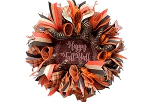 Egolot 16 Inch Fall Mesh Deco Wreath for Front Door, Happy Fall Wood Sign Ribbon Wreath for Indoor and Outdoor Use, Harvest and Thanksgiving Day Orange Wreath for Home Decor