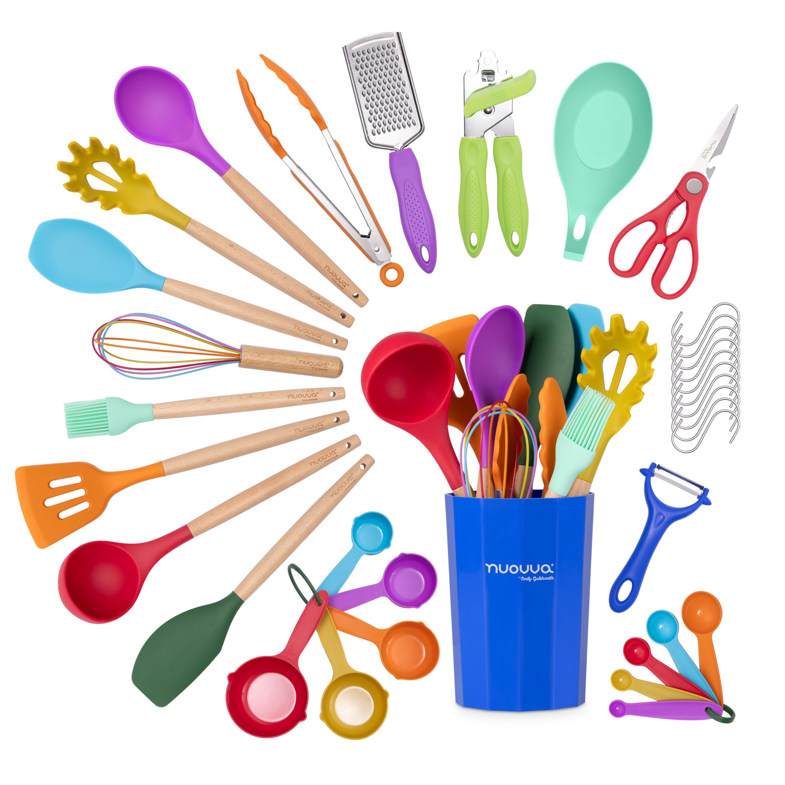 Kitchen Non Stick Cooking Utensils Set – Heat Resistant Silicone Utensils with Wooden Handle – Ladles, Spoons and Spatulas Set – Kitchen Tools & Accessories – 35pcs, Colorful – by Nuovva