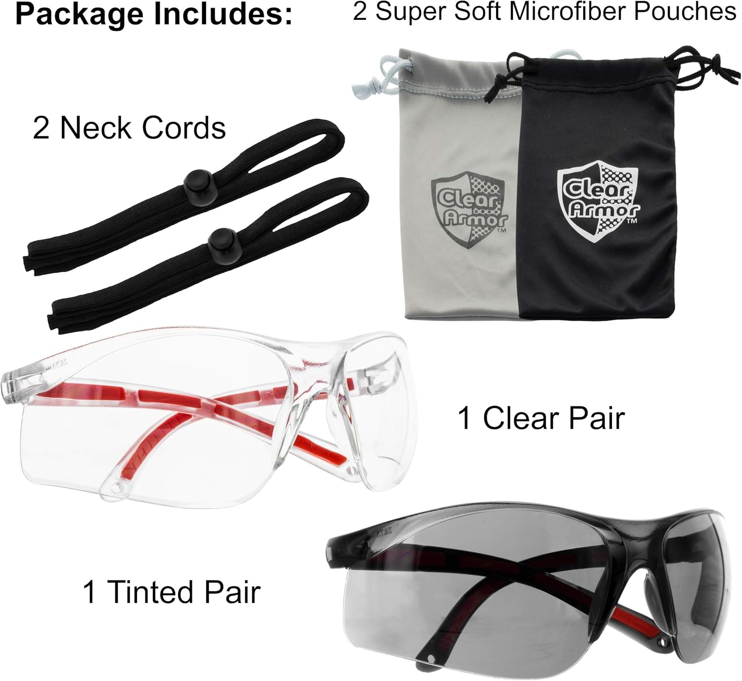 Safety Glasses Eye Protection - Comfort Eyewear - 2 Pair, 2 Neck Cords, 2 Cases - SuperLite and SuperClear Lens Technology, Z87.1 - CE 166 Certified…: Clothing