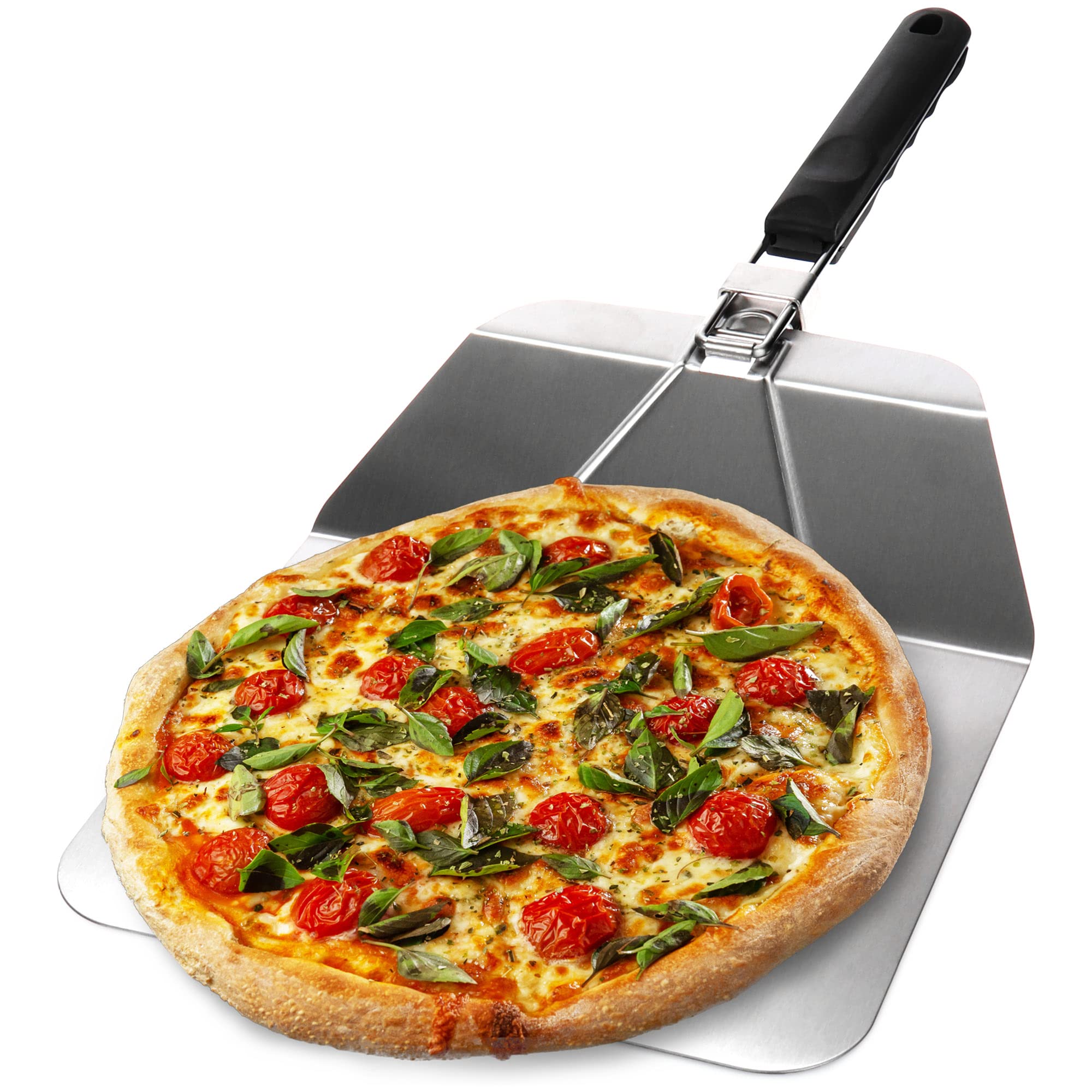 com-four® Pizza Peel Made of Stainless Steel - Pizza and Cake Server with Foldable Handle - Pizza Pusher for Pizza, tarte flambée, Rolls and Bread (Silver/Black - Angular)