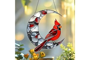 Red Bird Crescent Moon Acrylic Suncatcher with Hanging Chain, Rustic Window Decor for Home, Patio, Garden,Ideal Present for B