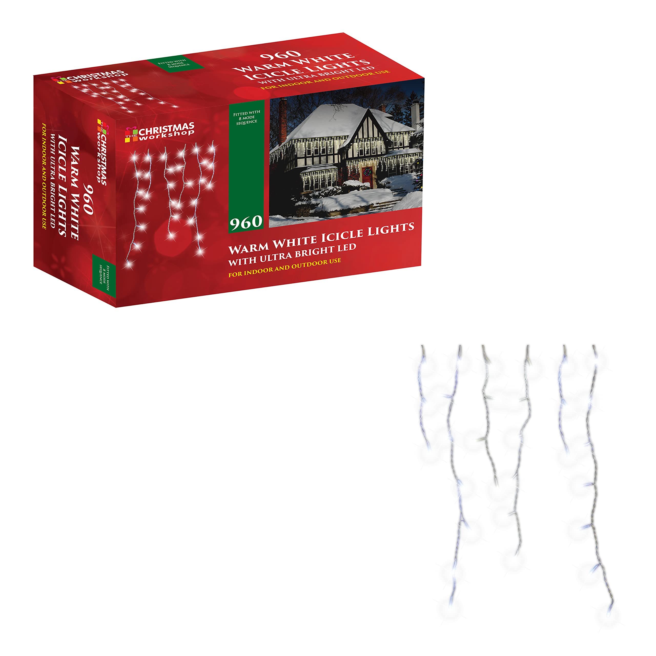 The Christmas Workshop Warm White Icicle LED Christmas Lights/Mains Powered with 8 Functions/Indoor or Outdoor Fairy Lights for Home, Weddings and Gardens (960)