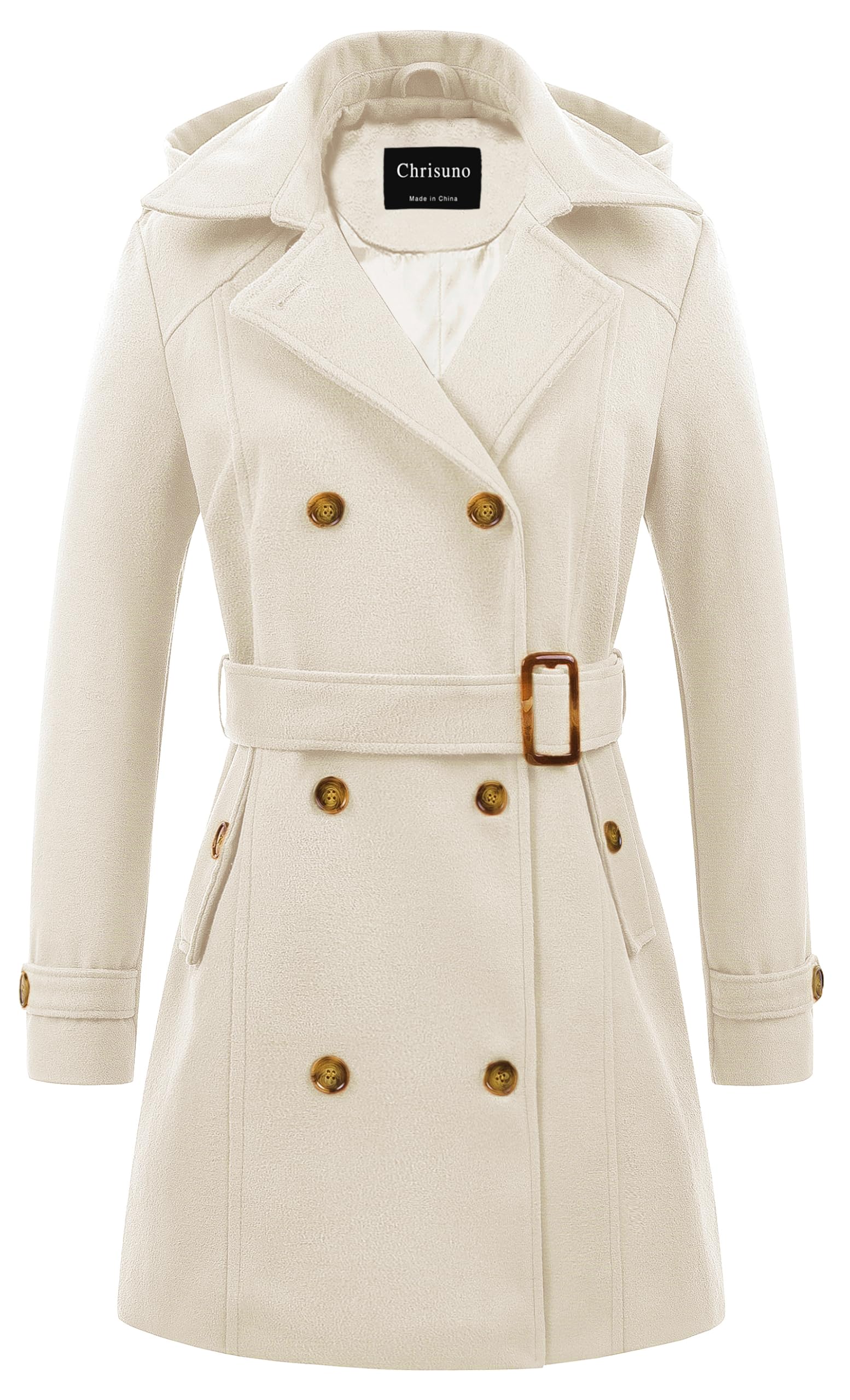 Photo 1 of Chrisuno Pea Coat for Women Wool Trench Coat Pea Coats Long Fleece Pea Jacket Trench Coat Winter Collar Peacoat Outwear Slim Hood Dress Coat White M