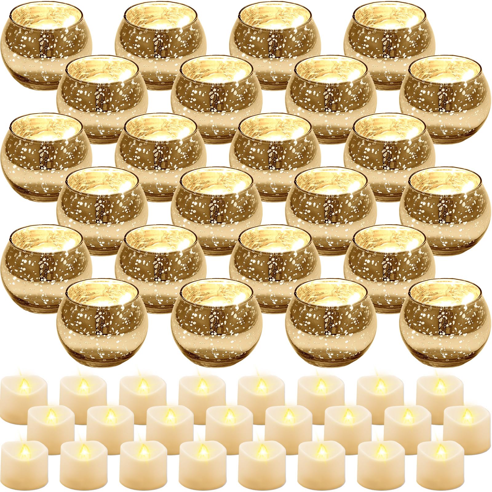 Photo 1 of **PARTIAL SET 12 ACCOUNTED FOR BOX 1 OF 2** Rtteri 24 Set Votive Candle Holders Wedding Centerpiece Table Decorations Speckled Mercury Glass Votive Candle Holders with Tea Lights Birthday Party Decorations for Home (Gold)