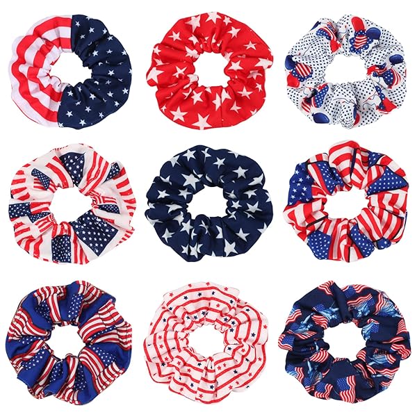 9PCS USA AMERICAN FLAG HAIR SCRUNCHIES FOR WOMEN...