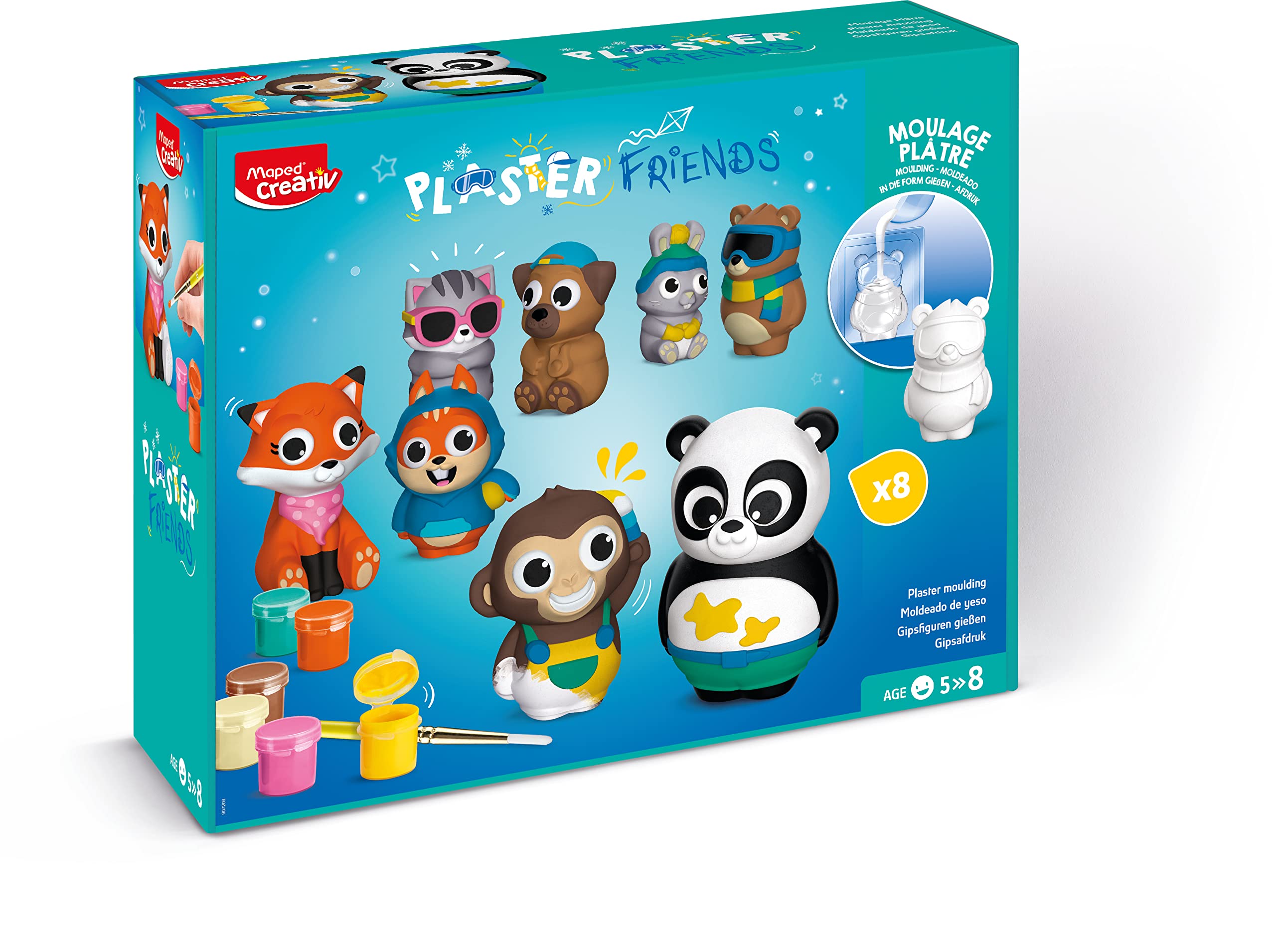Maped Creativ Plaster Friends Maxi Set - Complete Set of 8 Animal Plaster Figurines - Easy to Make - Manual and Artistic Activity from 5 Years Old
