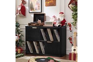 LEYAOYAO Large Record Player Stand with Vinyl Storage Up to 450 Albums, Wood Fluted Boho Record Storage Accent Cabinet, Modern Stereo Media Cabinets, Wide Turntable Stand for Living Room, Black Oak
