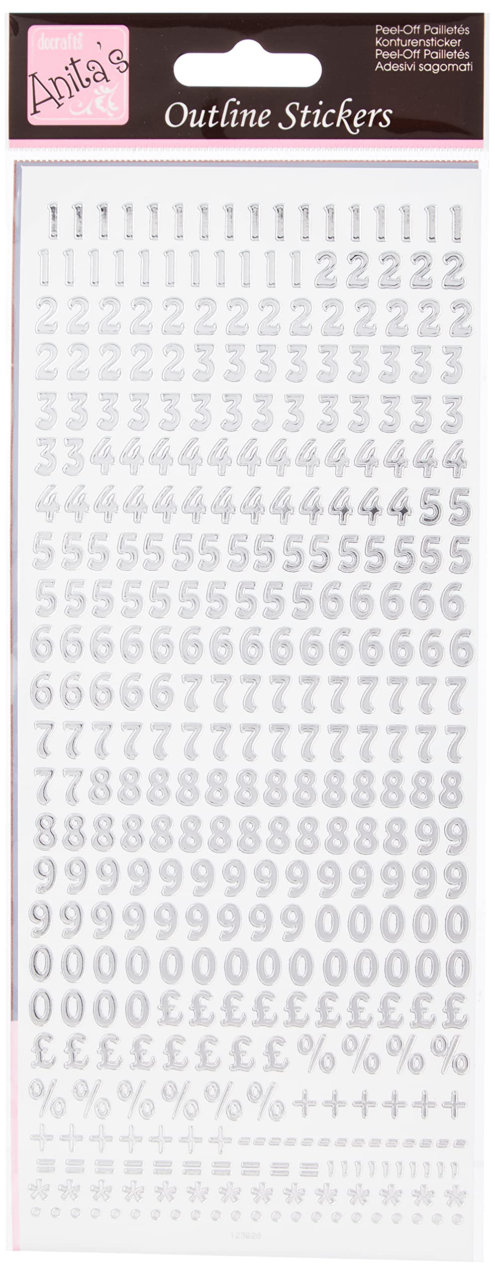 Anitas Outline Stickers, Small Numbers, Silver on White, For Scrapbooking, Card Making, Kids Play, Homework, Art, Craft, Embelish, Decorative, Paper, Card, Glass, Metal, Plastic, Foam