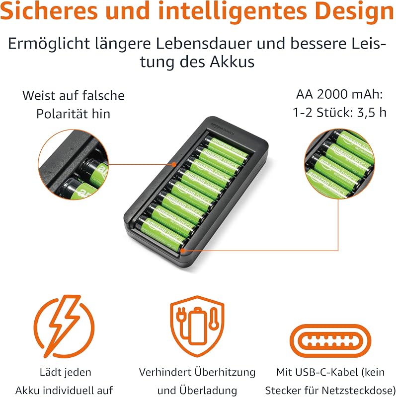 NiMH Batterieset wiederaufladbar, 8er-Pack AA-Batterie 2000 mAh, mit Batterieladegerät mit Platz für 8 Batterien, ohne AC-Netzadapter, USB-C-Anschluss