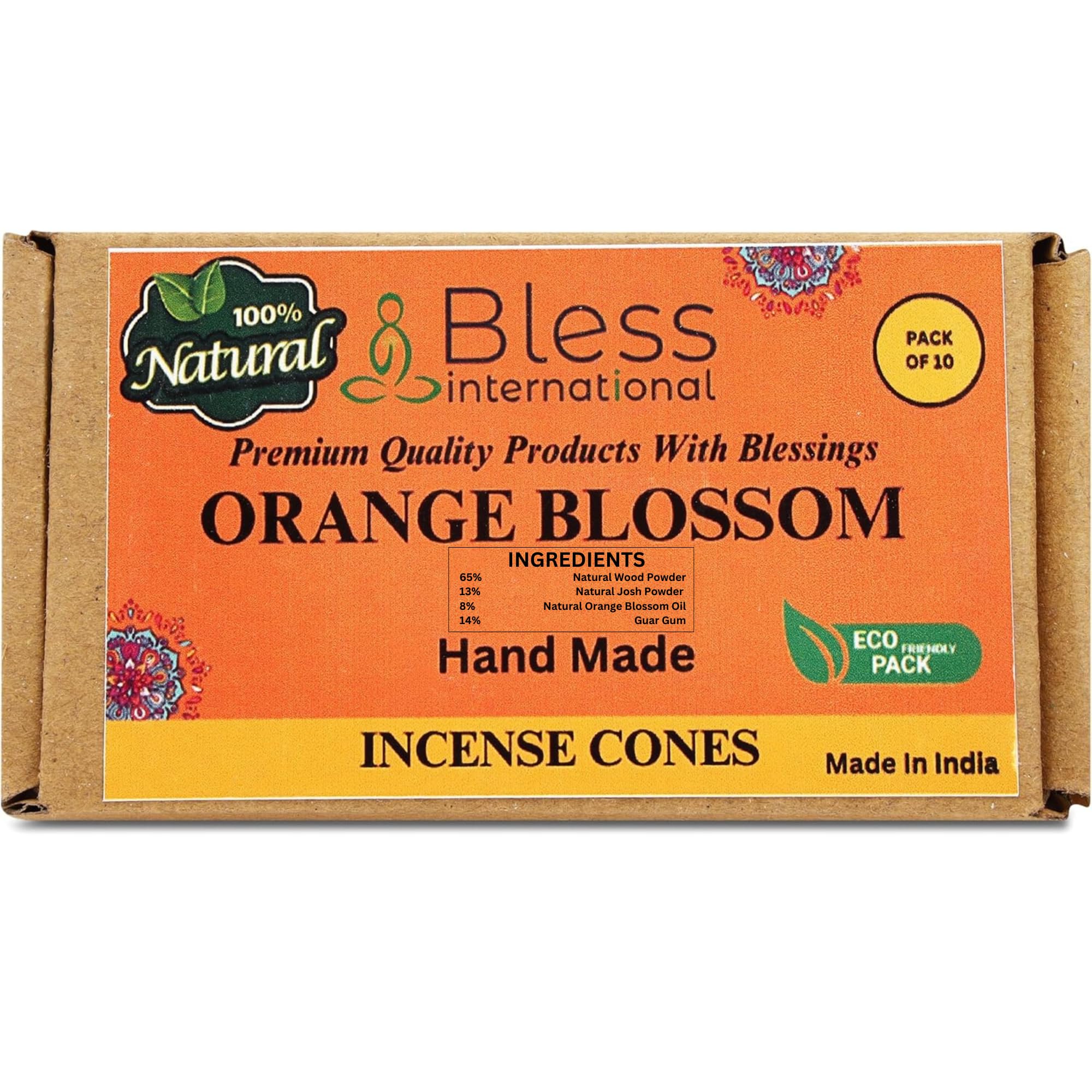Bless International Orange-Blossom 100%-Natural-Incense-Cones Handmade-Hand-Dipped Organic-Chemicals-Free for-Purification-Relaxation-Positivity-Yoga-Meditation The-Best-scents (10 Count)