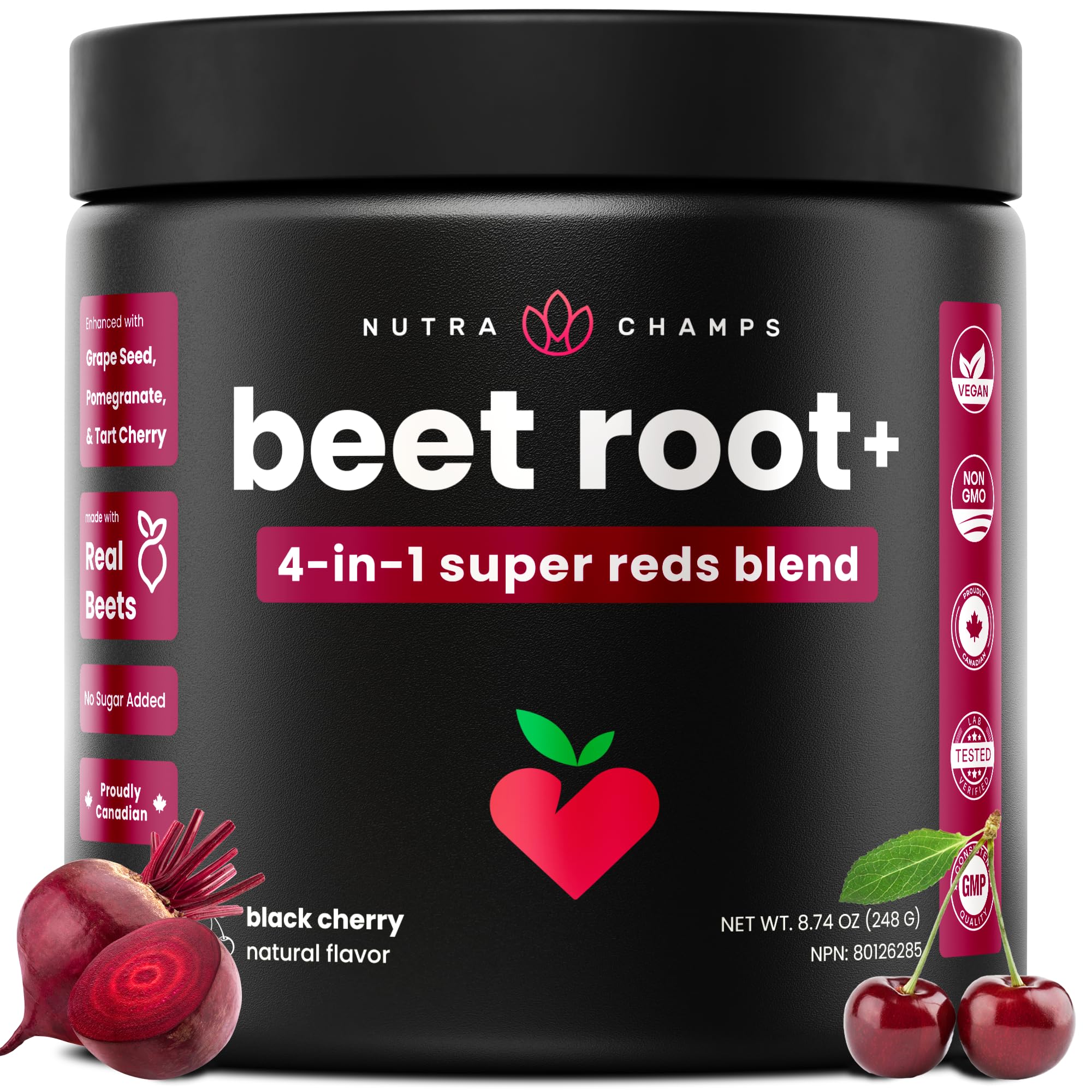 NutraChamps Beet Root Powder Circulation Supplement, Superfood Powder Nitric Oxide with Beetroot Juice, Super Reds & Grape Seed Extract, No Sugar Beet Supplement - 8.74 Oz