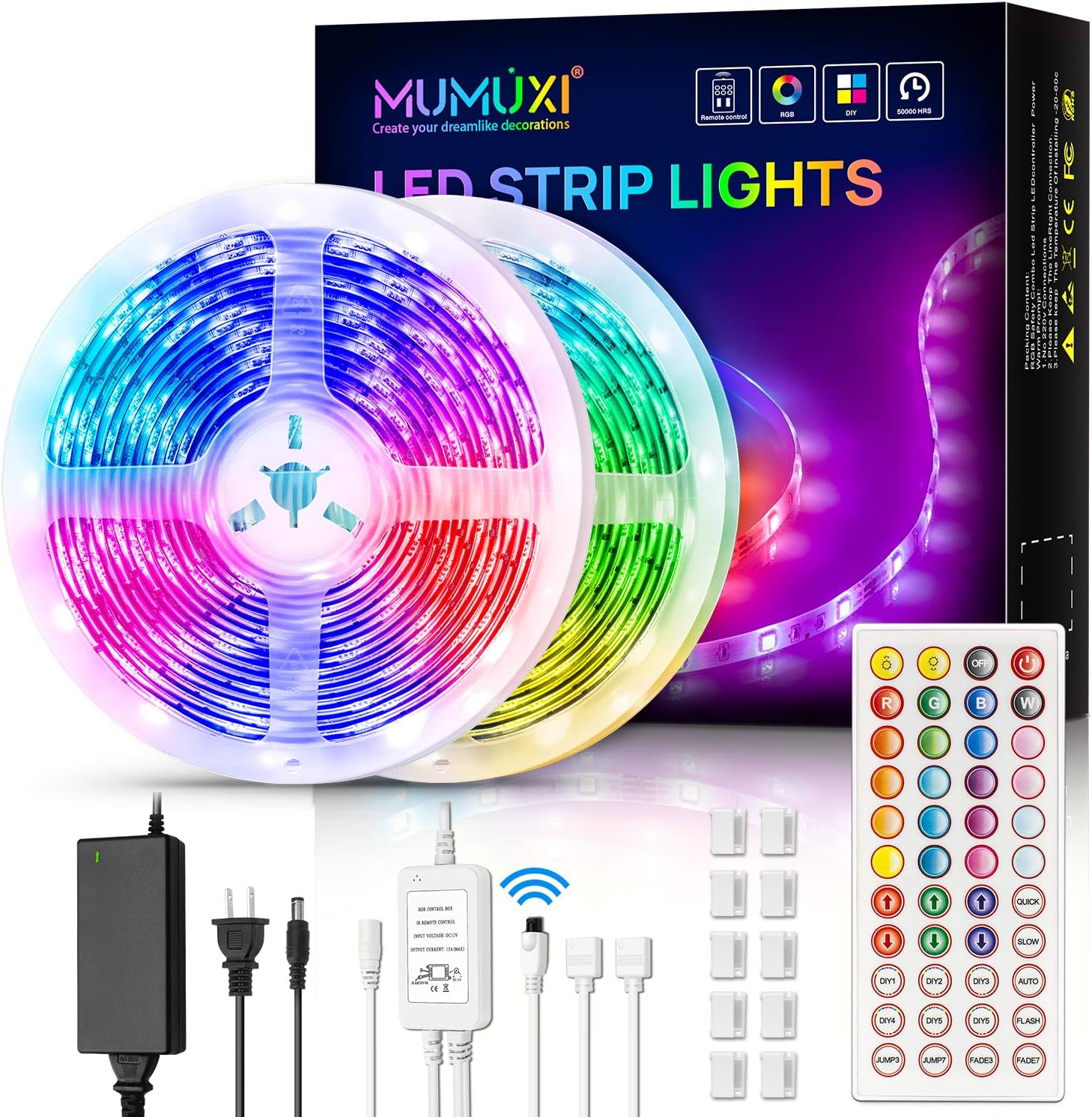 MUMUXI LED Strip Lights, 32.8ft Color Changing Led Light Strip 5050 RGB 300 LEDs Flexible LED Tape Light Kit with 44 Keys Remote Control and 12V Power Supply for Room, Bedroom, Bar, Home, Kitchen: Home Improvement