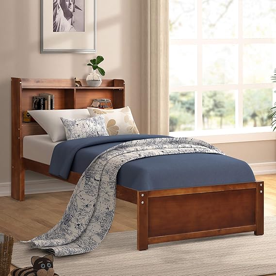 Platform Twin Wood Bed Frame with Headboard and Bookcase