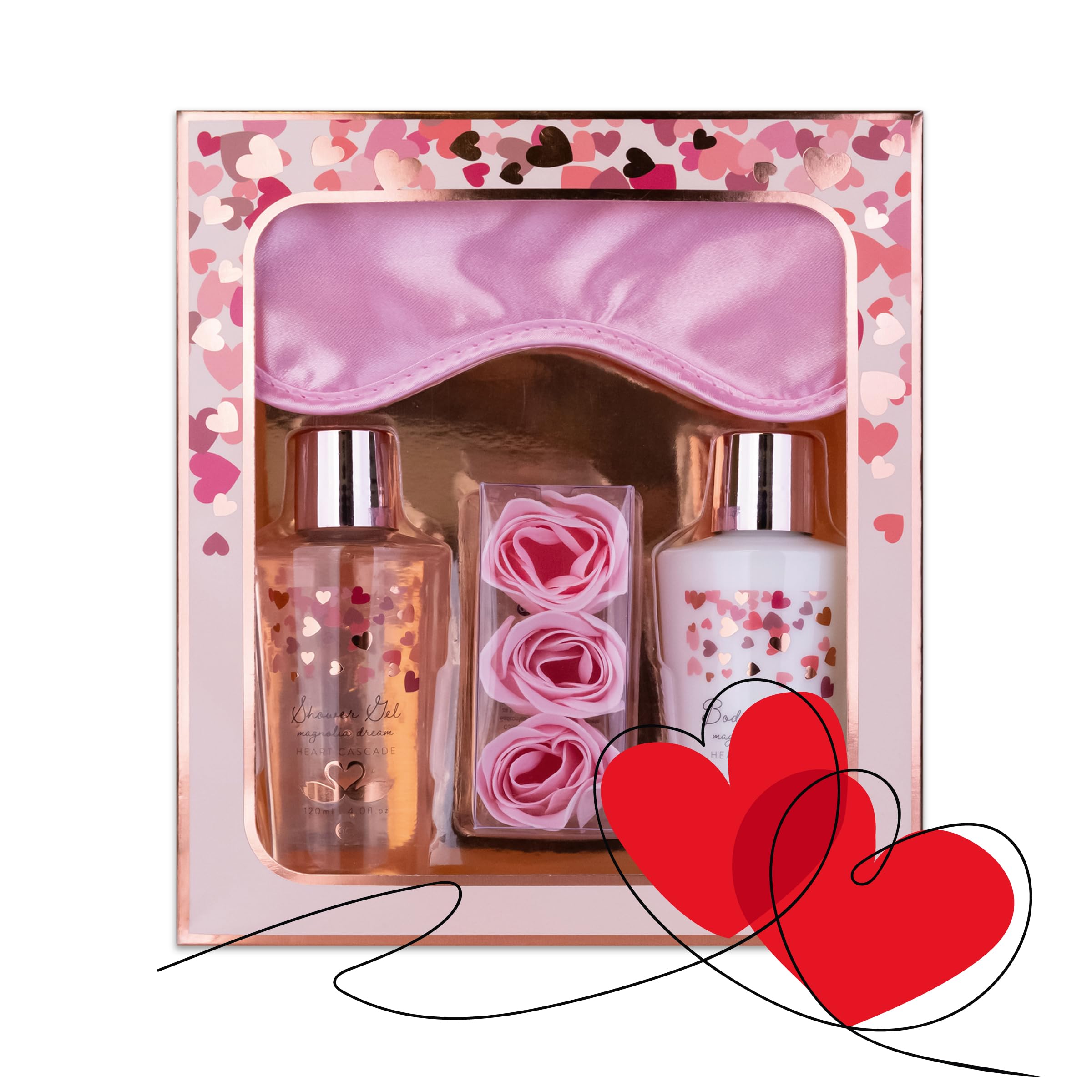 Accentra - Gift Set Women Heart Cascade - Beauty Set with Sleeping Mask, Shower Gel, Body Lotion & Rose Bath Confetti - Wellness Set for Women and Girls for Birthday and Special Occasions
