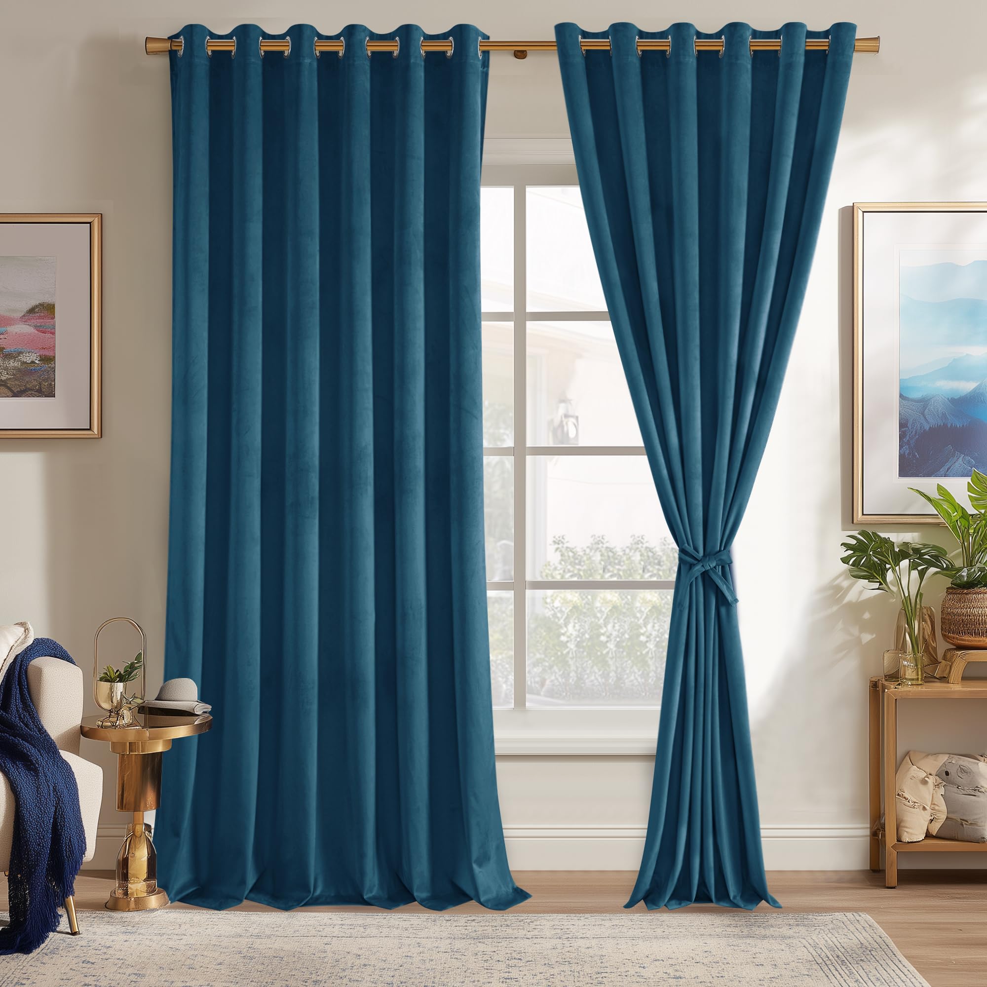 JIUZHEN Navy Velvet Curtains 84 inches for Living Room - Thermal Insualted Room Darkening Grommet Thick Velvet Window Drapes for Bedroom/Dining Room, Set of 2 with Tiebacks, 70W x 84L Image
