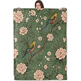 AHUCIZ Bird Floral Lightweight Throw Blanket, Vintage Animal with Branch and Blossom, Warm Soft Cozy Flannel Blankets, Couch Bed Home Decor All Season Use, 60x50in, Green, Gifts for Nature Lovers