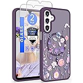 Yucenx for Samsung Galaxy A16 5G Floral Phone Case with 2X Screen Protector, Military Grade Magnetic Translucent Matte Girls Women Flower Pattern Protective Cover for A16 5G (Deep Purple) | 2X Screen Protector, Military Grade, Magnetic, Translucent, Matte, Girls Women