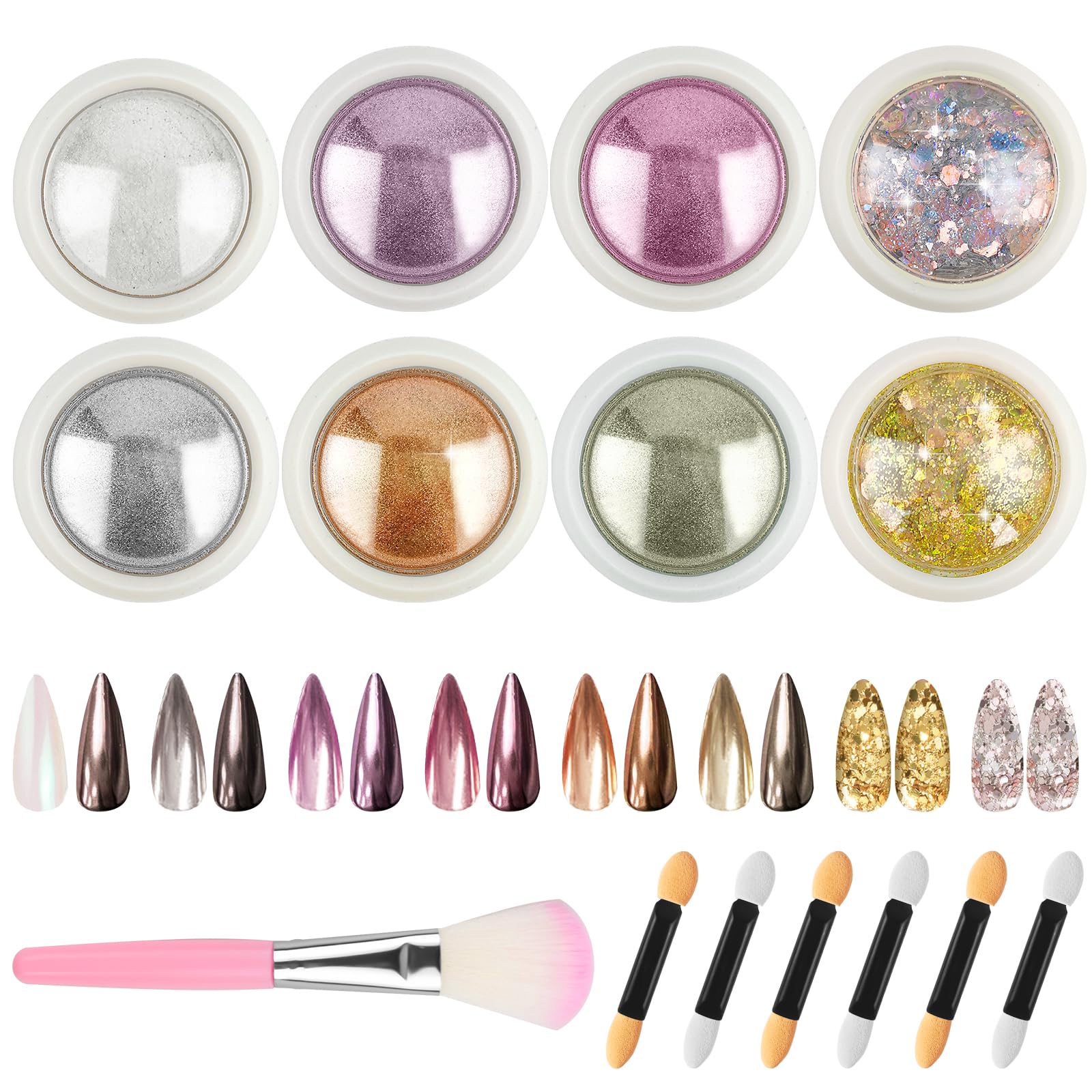 Hengxinc 8 Colors Chrome Nail Powder, Shiny Glassy Pearl Effect, Nail Powder for Nail Design, Nail Glitter Powder with Glassy Pearl Effect, Cromepowder Nail Set with Eyeshadow Pencils
