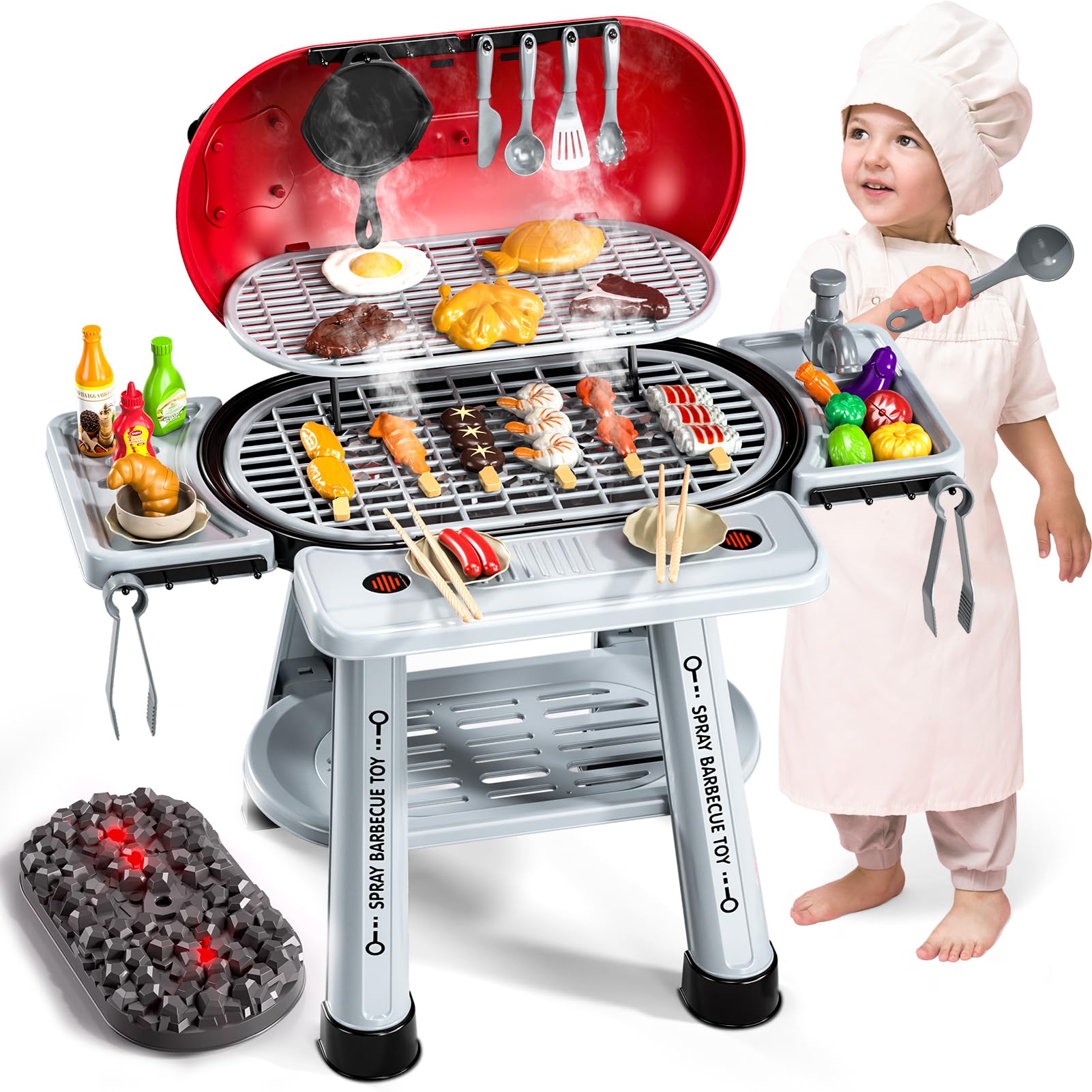 BLmukce Play Kitchen Sets for Toddlers Kids 2-Layer BBQ Grill Playset with Smoke, Sound & Light Interactive Outdoor Kitchen Grill Toys with Play Food Christmas Birthday Gift for 3 4 5 6 Years Old