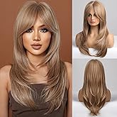 HAIRCUBE Blonde Wigs for Women,Long Layered Wigs with Bangs Heat Resistant Synthetic Fibre Wigs(pelucas de cabello natural)