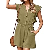 Simplee Apparel Womens Summer Romper - Flutter Sleeve Cruise Outfits Button Casual Wide Leg Jumpsuit Dressy with Pockets