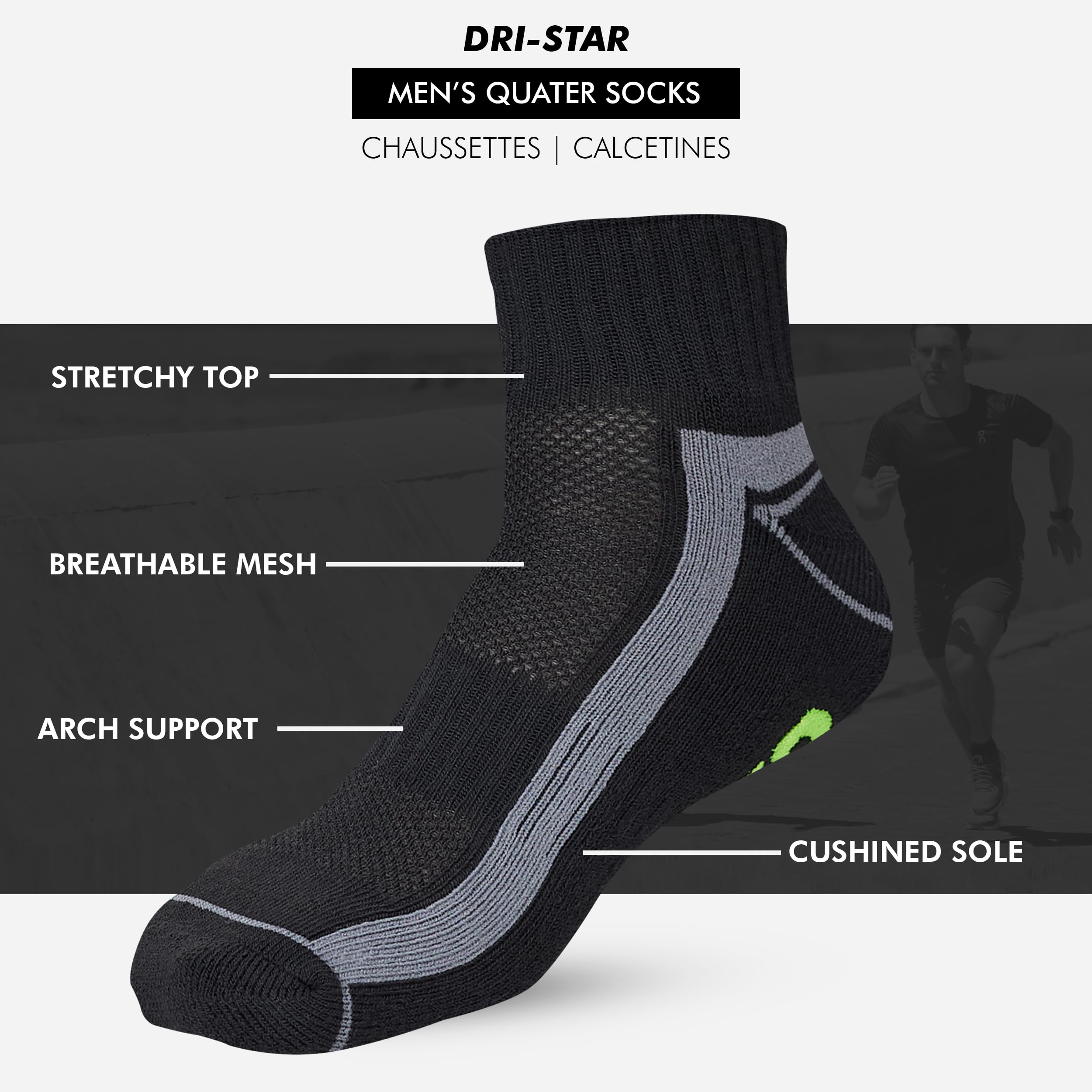 STARTER Men's 10 Pack Half Cushion Quarters Socks (Black, 6-12)