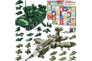 QINLINE Kids Advent Calendar 2024 for Boys, 24 Days Christmas STEM Military Toys Building Blocks Countdown Calendar Gifts Box with 12-in-1 Tank & Fighter Plane Bricks Toys Set for Kids Teens Girls Boys Age 6+