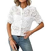 FEOYA Lace Blouses for Women Sheer Lace Short Sleeve Top Crew Neck Button Down Shirts Casual Puff Sleeve Dressy Shirt S-XL