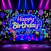 Neon Happy Birthday Party Banner Backdrop, Glow In The Dark Blacklight Birthday Large Banner Party Decorations Supplies, UV Reactive Indoor Outdoor Sign Poster Background Decor 72X44 Inch
