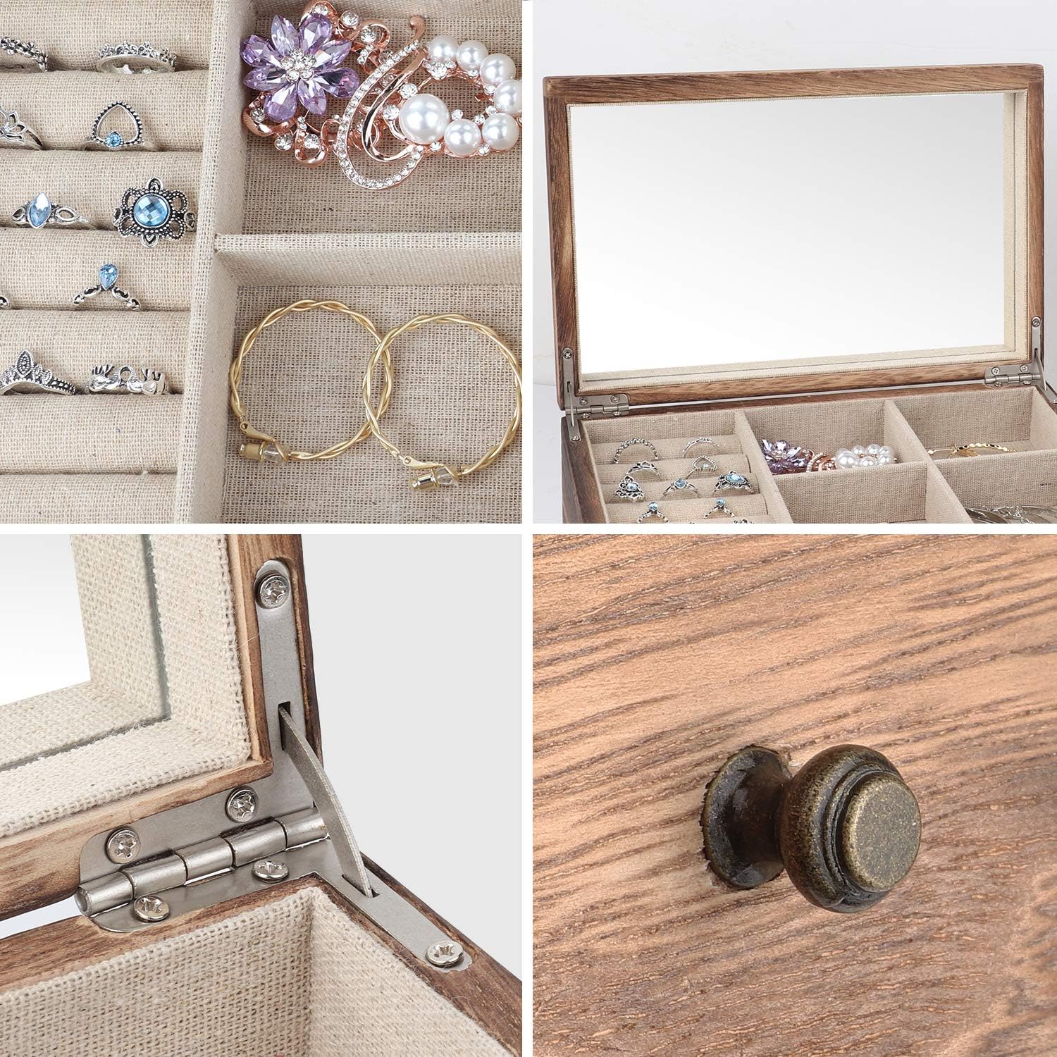Meangood Jewelry Organizer Box Two-Layer, Jewelry case for Women, Wood Display Case with Mirror&Ring Tray, Vintage Style Torched Wood: Home Improvement