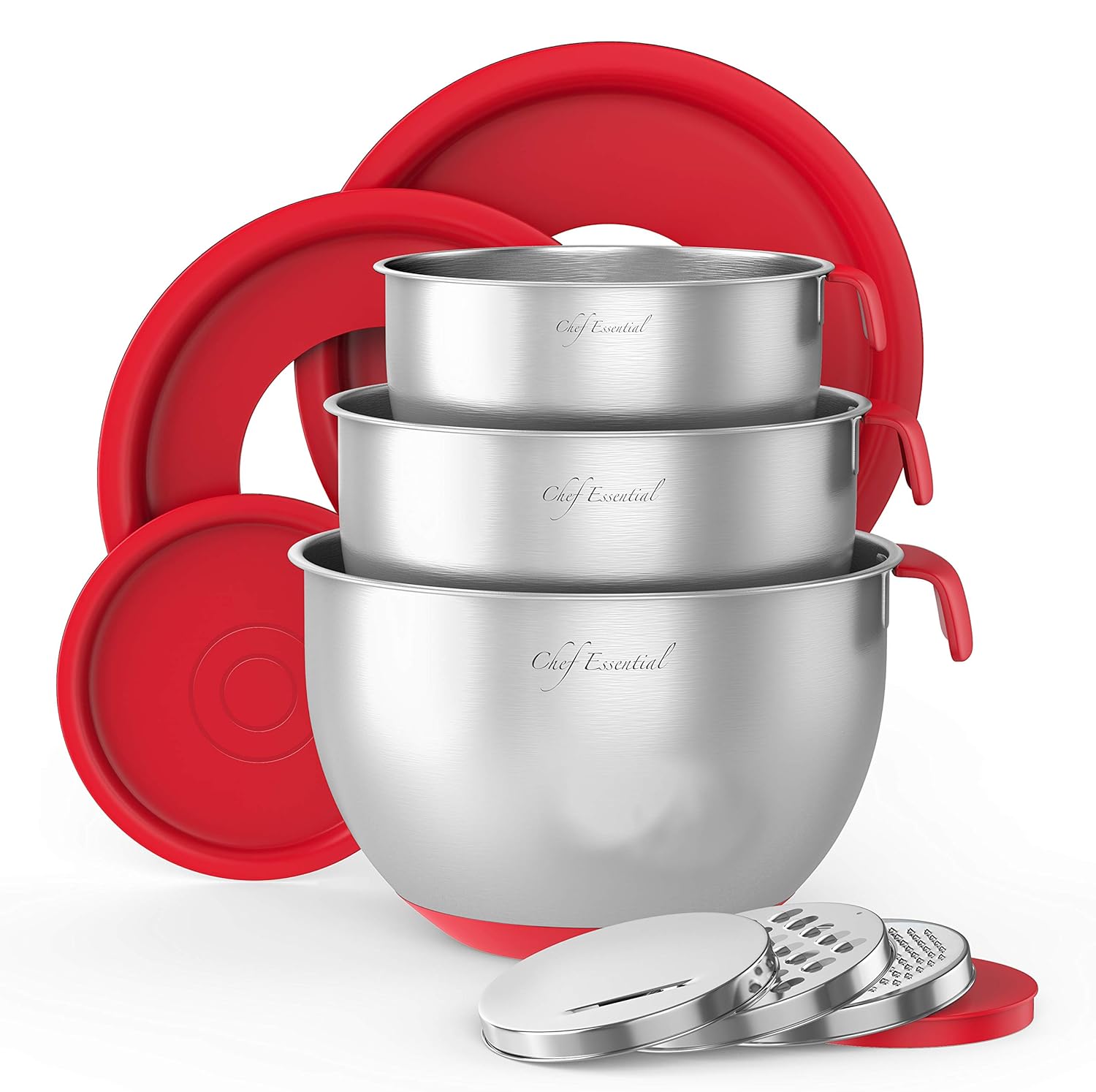 Stainless Steel Mixing Bowls With Pour Spout, Set of 3 with Non-Slip Silicon Handles & Non-Skid Bottom, Measurement Marks In Each Bowl, 3 Different Grater Attachments and Leak-Proof Lids, (Red).