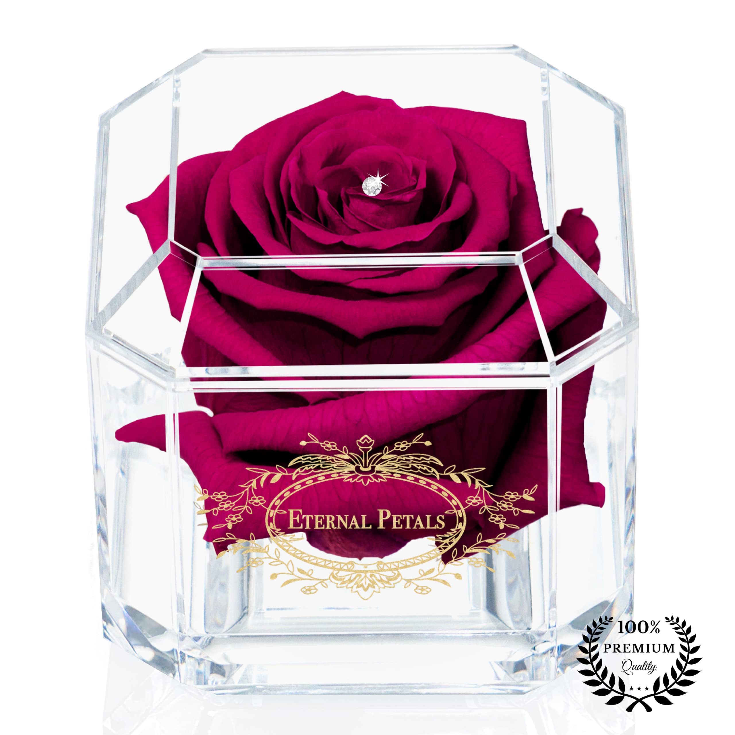 A 100% Real Rose That Lasts Years - Eternal Petals, Handmade in UK – Gold Solo with A Clear Crystal (Cherry)
