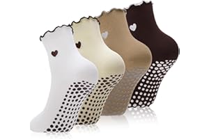scenicamp 4 Pairs Cute Pilates Socks for Women Ruffle Yoga Socks with Grips Non Slip Heart Pilates Sock Cotton Frilly Crew So