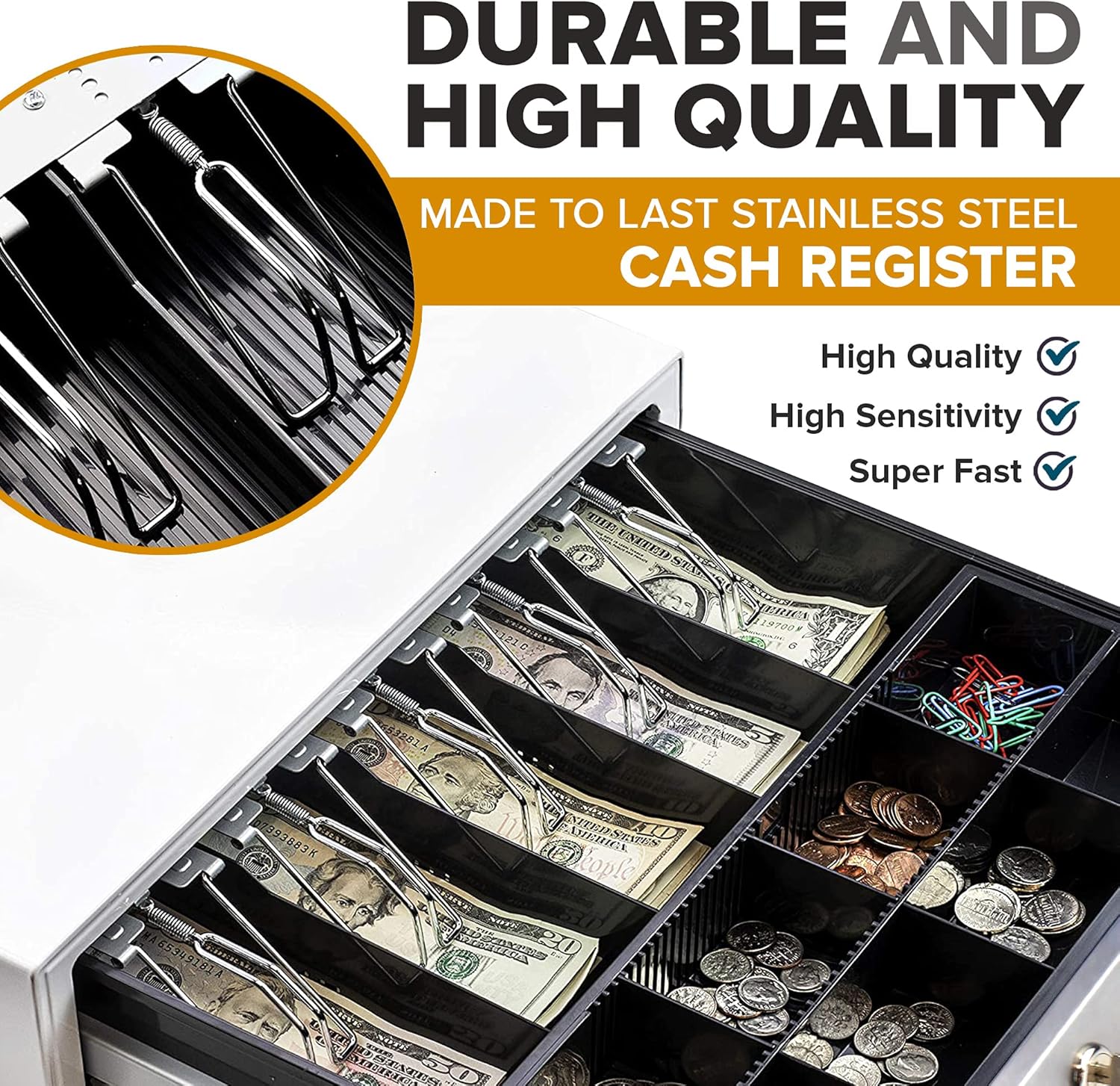 Cash Register Drawer for Point of Sale (POS) System - White and Stainless Steel Front - Fully Removable 2 Tier Cash Tray, 5 Bill/8 Coin, 24V, RJ11/RJ12 Key-Lock - Square Cash Drawer Under Counter : Electronics