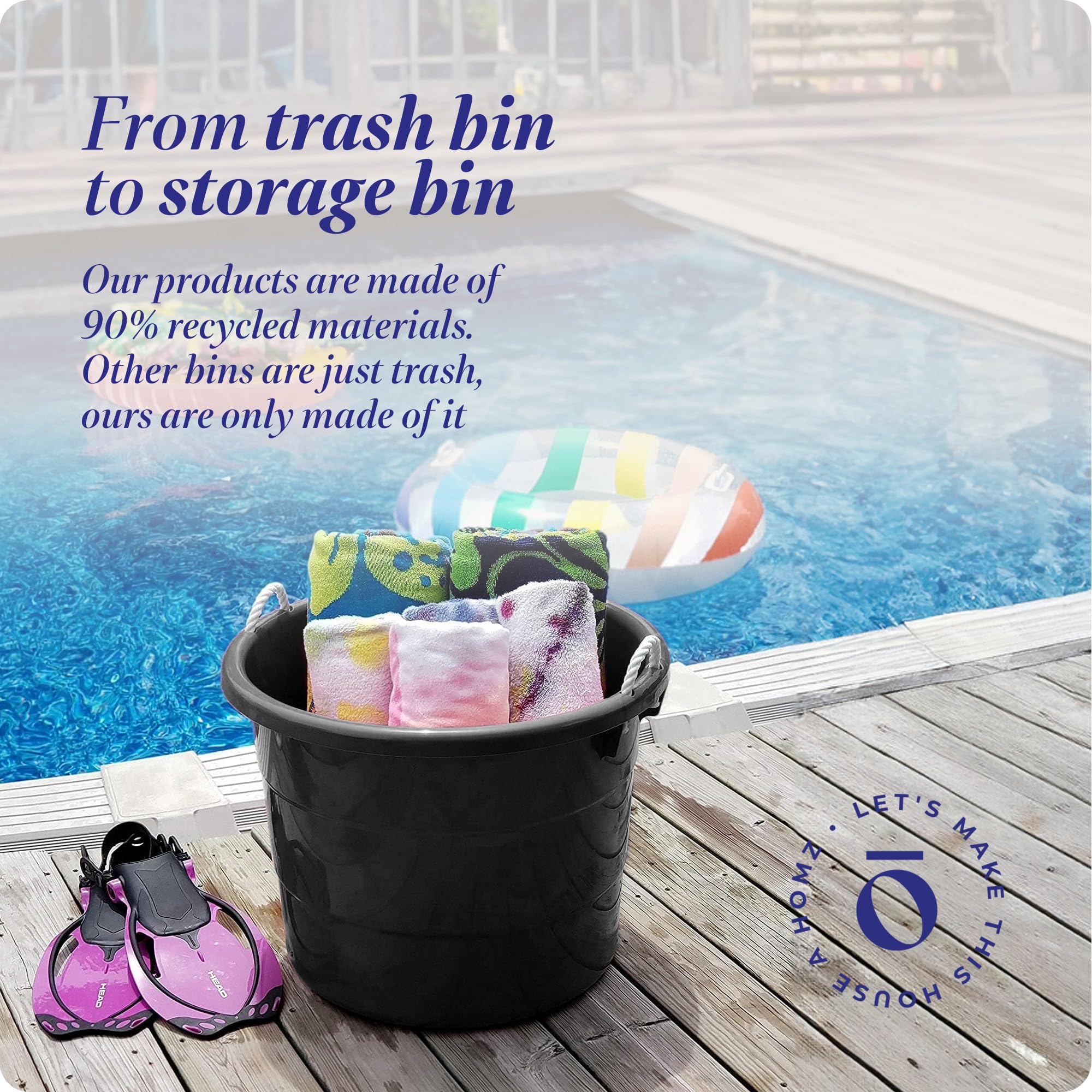 HOMZ 2-Pack Utility Tub, Large Plastic Storage Bucket with Rope Handles, 17 Gallon, Black - Portable Indoor and Outdoor Buckets for Kitchen, Laundry, Garden, Bathroom, and Garage Organization