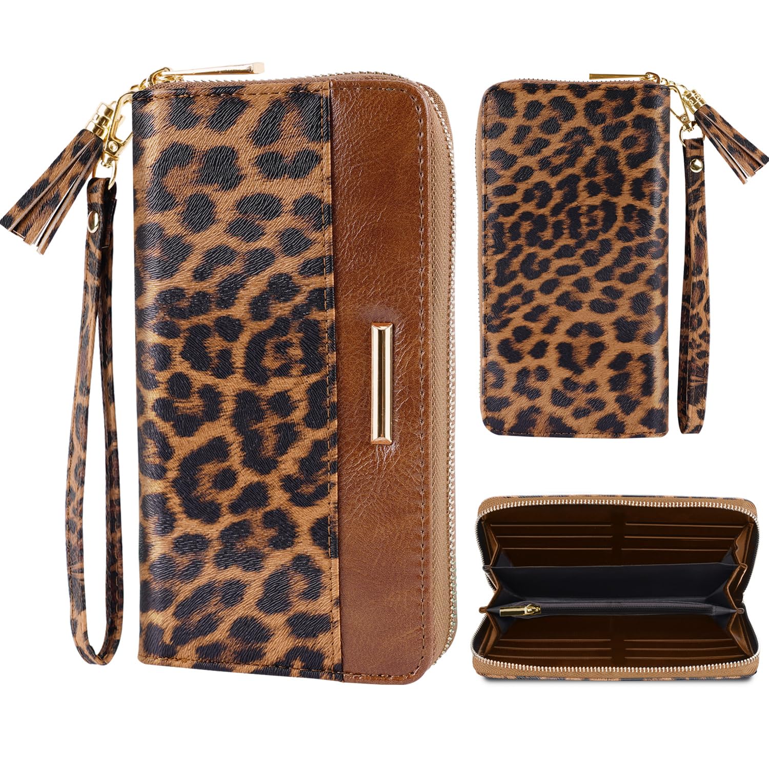 Photo 1 of Coco Rossi Women Wallets Multi Card Case Wallet Clutch Wallet Card Holder Organizer Ladies Purse Tassel Wrist strap Purse,Leopard