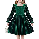 Arshiner Toddler Velvet Dress Girls Smocked Square Neck Puff Long Sleeve Party Dresses with Pockets 3-8Y
