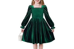 Arshiner Toddler Velvet Dress Girls Smocked Square Neck Puff Long Sleeve Party Dresses with Pockets 3-8Y