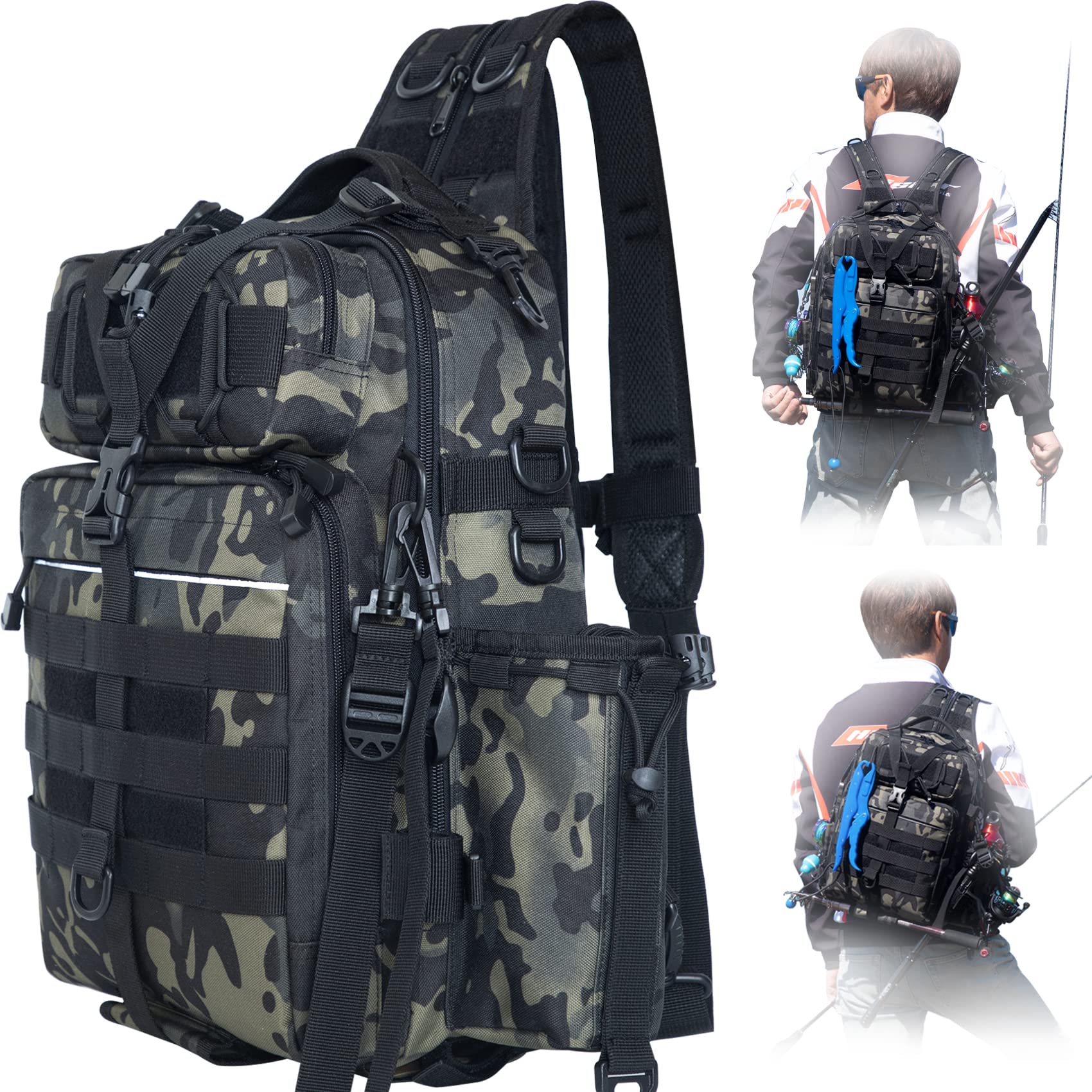 BLISSWILL Outdoor Tackle Bag - Large Water-Resistant Fishing Backpack with Rod Holder